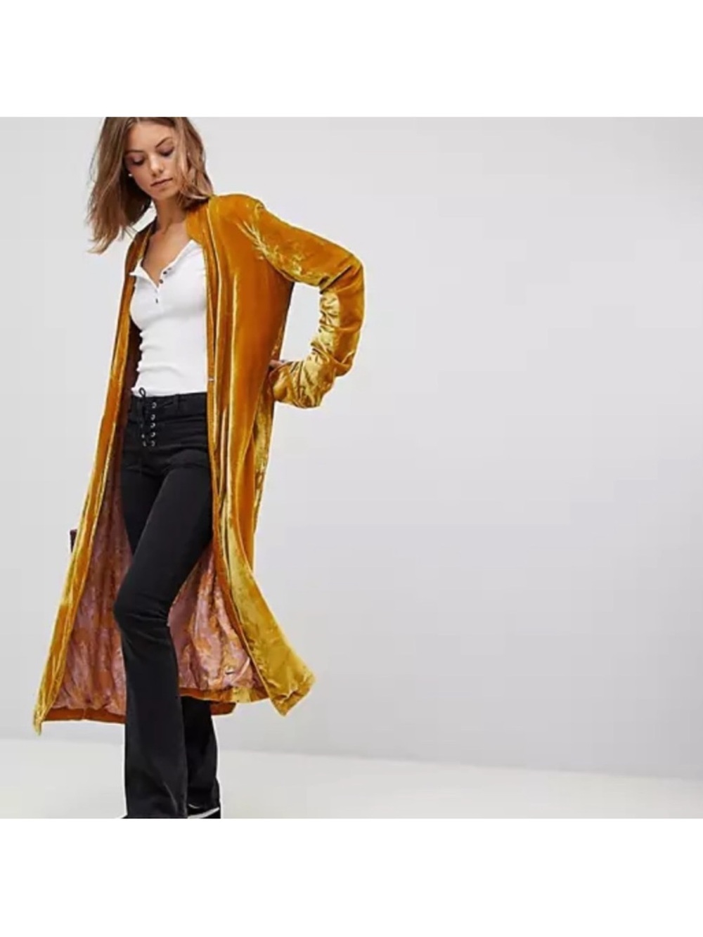 NWOT FREE PEOPLE Dahlia Velvet Duster Coat Jacket In Gold w Purple Tassels Large
